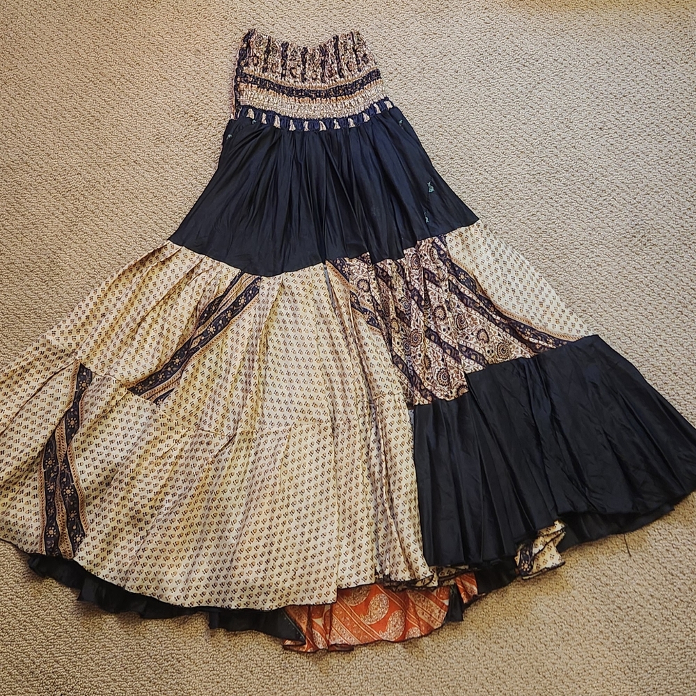 Blue and Cream Strapless Maxi Dress with Tiered A-Line Style